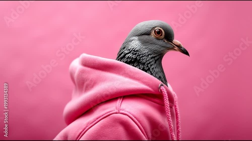 Pigeon wearing a pink hoodie poses against a solid pink background, showcasing its unique style and vibrant color in a playful and whimsical manner