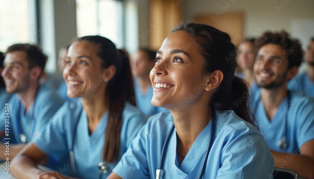 Fototapeta premium Young medical students attend class in blue scrubs with stethoscopes. Diverse group listens attentively in lecture hall, preparing for healthcare careers. Future doctors and nurses.