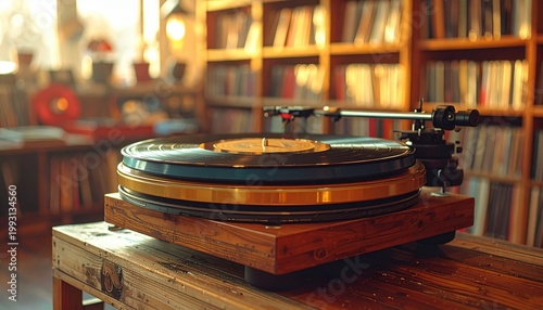 A vintage vinyl record spinning on a turntable amidst a cozy room filled with bookshelves, evoking nostalgic musical enjoyment.