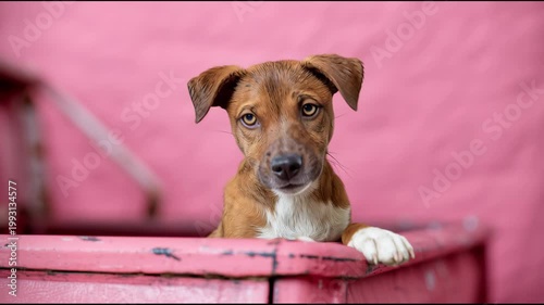 Brown and white puppy with expressive eyes rests its front paws on the edge of a pink wooden box, showcasing a curious and playful demeanor in a vibrant setting