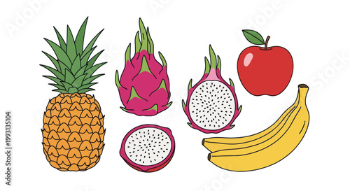 Assortment of colorful tropical fruits: pineapple, dragon fruit, apple, and bananas.