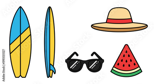 Set of colorful summer beach vacation icons on white background.
