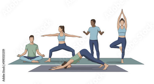 Group of people practicing yoga poses with a fitness instructor in a studio illustration.