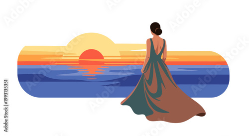 Elegant woman watching a beautiful sunset over the ocean.