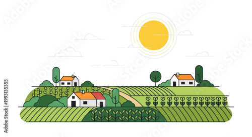 Minimalist line art illustration of a sunny rural farm landscape with houses and green fields
