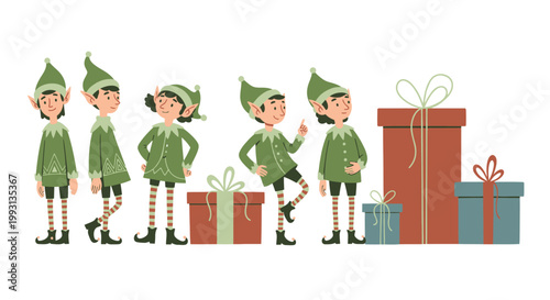 Cheerful Christmas elves and festive gift boxes ready for the holiday season.