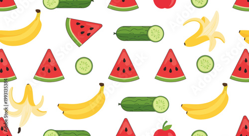 Seamless pattern with fresh fruits and vegetables on a white background