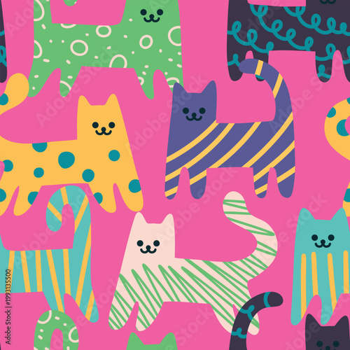 Seamless pattern of cute kittens in kids doodle motif. Funny texture print of hand drawn animals, cartoon cats in a naive childish style. Baby pets in abstract on pink background. Vector illustration.