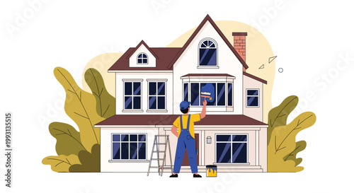 Professional house painter in blue overalls and yellow shirt painting the exterior window of a large white two story residential home.
