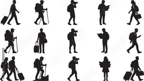 Large Set of Traveler Silhouettes with Luggage, Backpacks, Cameras, and Maps for Travel and Tourism Design