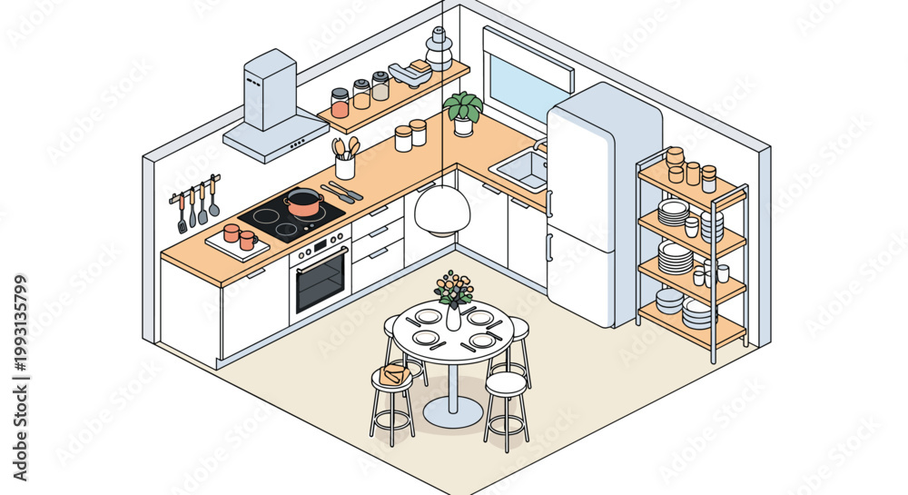 Fototapeta premium Detailed isometric view of a modern kitchen interior with white cabinets, built in appliances, and a central circular dining table.