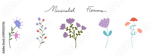 Minimalist Flowers set, designed in a simple, doodle style with neutral colors, perfect for digital prints, cards, weddings, paper patterns, stickers, art for kids, scrapbooks, worksheet decorations