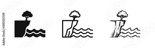 Tree on Cliff Edge Icon Set Overlooking Sea Waves for Nature Environment Concept