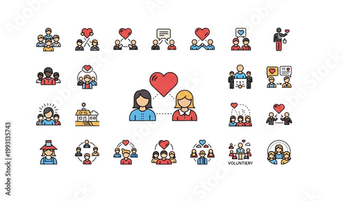 Flat community development icon set with diverse people social relationships and support symbols isolated on white