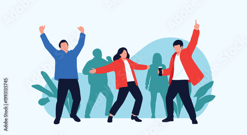 Group of diverse young people dancing and celebrating together at a vibrant party or festival with energy, music, and great joy.