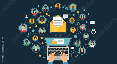 Digital networking and email marketing concept showing a laptop connected to a global network of many diverse professional avatars.