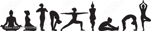 Yoga Poses Silhouette Set – Women Practicing Wellness, Meditation, and Stretching Exercises for Health and Balance