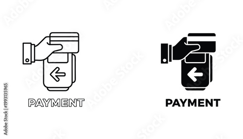 Hand holding credit card for payment terminal icon set representing financial transaction and shopping security in clean outline and solid black vector design for e-commerce and retail applications
