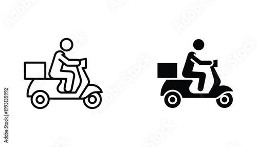 Delivery scooter driver icon set depicting courier service and fast food transport in clean outline and solid black vector design for logistics mobile app and website interface development projects