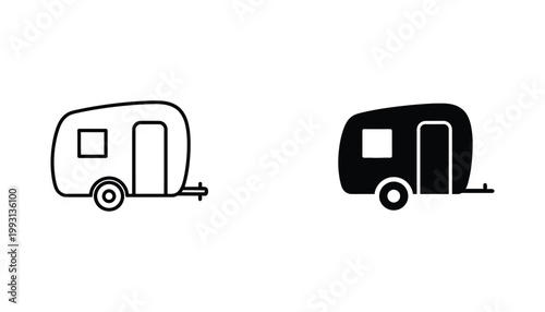 Travel camper trailer caravan icon set showing vacation vehicle in outline and solid black vector style for camping websites
