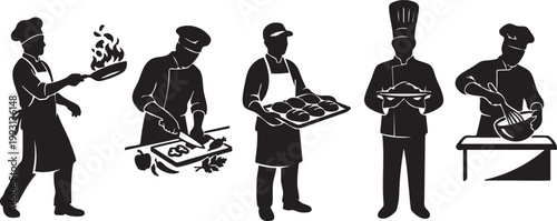 Professional Chef and Baker Silhouette Set – Cooks Preparing Food, Frying, Cutting, and Baking in Restaurant Kitchen