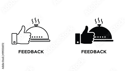 Food service feedback icon set with thumb up gesture and cloche serving dome for restaurant reviews
