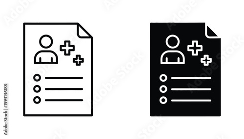 Medical history patient record document icon with cross symbol for healthcare management and clinical data