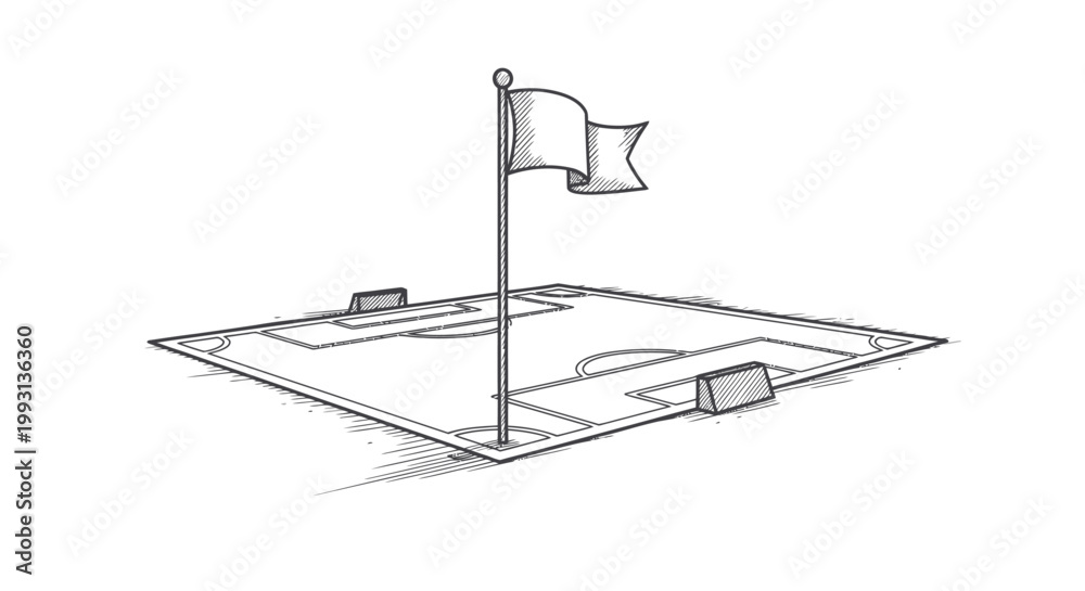 Fototapeta premium Sketch of a soccer field with a flag and goalposts.