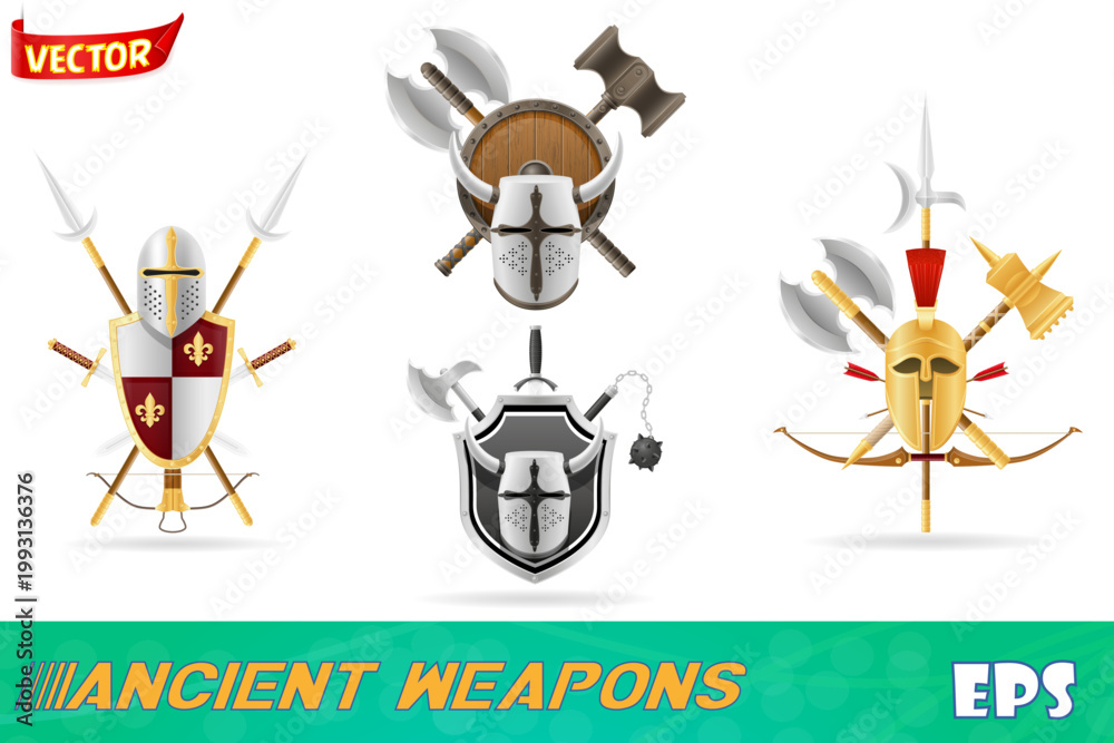 Obraz premium ancient battle weapons stock set icons vector illustration