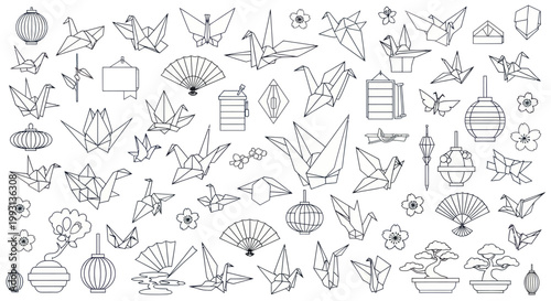 Japanese origami patterns and elements on white background.