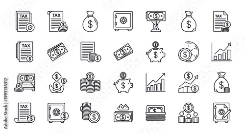 Financial icons including money bags, safes, tax forms, and graphs.