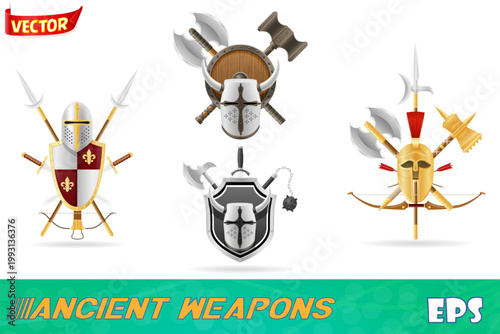 ancient battle weapons stock set icons vector illustration