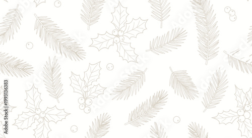 Minimalist Christmas pattern with holly and pine branches