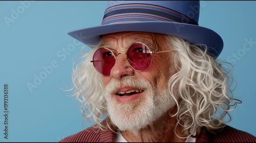 Elderly Caucasian man with curly white hair and round pink sunglasses smiles while wearing a blue hat and a maroon cardigan against a light blue background