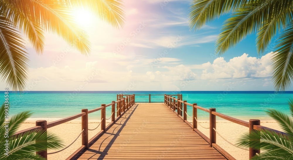 Fototapeta premium Tropical paradise wooden pier leading to turquoise waters under a bright sky