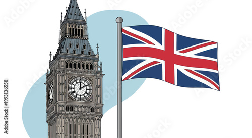 Big Ben clock tower illustration with the British Union Jack flag in London.