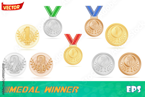 medal winner sport gold silver bronze stock set icons vector illustration