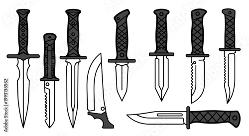 Collection of tactical combat knives and military daggers vector illustration