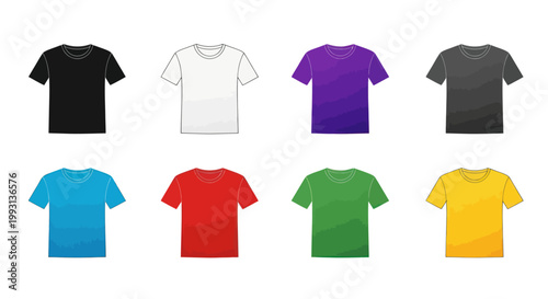 Collection of eight plain t-shirts in various colors.