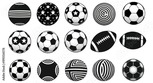 Collection of soccer balls and footballs in black and white.
