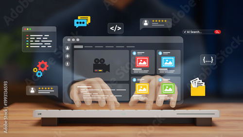 Web Design and App Development Concept. UX-UI Design, User Experience, Modern Interface Designing, Creative Planning and Data Visualization. Web Developer Working on a Website. 3D illustration