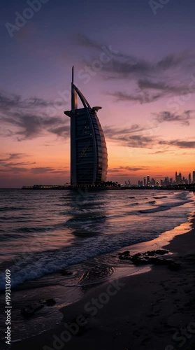 Iconic Sail Shaped Hotel Silhouette Against a Dramatic Purple and Orange Sunset Sky Reflecting on the Rippling Ocean Waves on a Sandy Beach with Distant City Lights