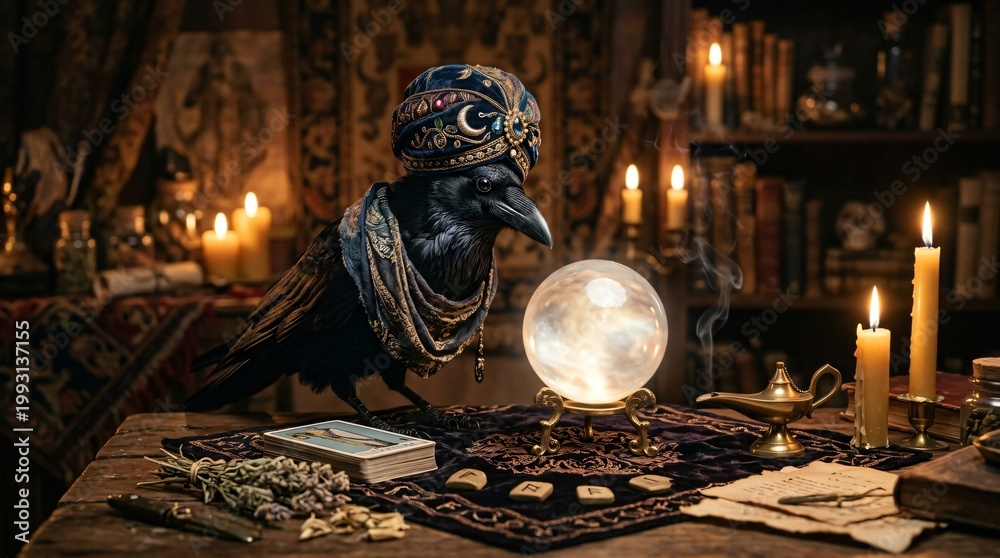 Fototapeta premium Ornate Dark Raven with Turban Gazing into a Glowing Crystal Ball on a Mystical Fortune-Teller's Table Amidst Candles and Arcane Objects