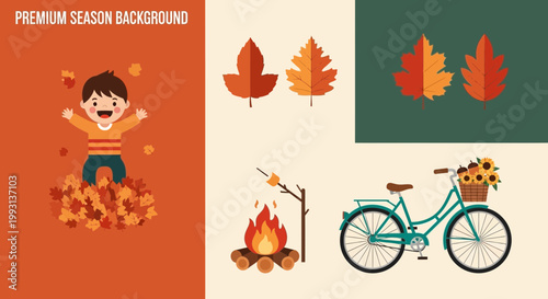 Autumn season celebration illustration featuring happy child and bicycle against vibrant fall foliage on transparent background for lifestyle marketing