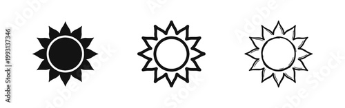 Sun and Sunshine Icons in Solid, Outline, and Hand-Drawn Styles for Weather and Solar Energy Projects