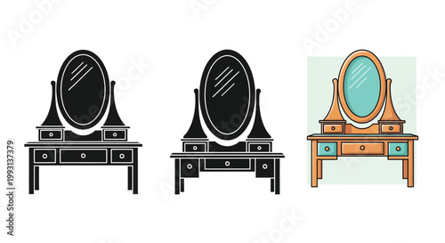 Three variations of a vintage dressing table with oval mirror