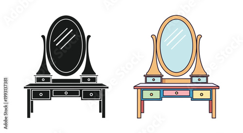 Two vanity mirrors one black and white and one in full color are shown