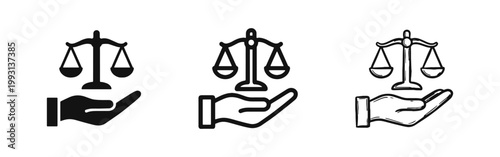 Hand Holding Scales of Justice Icon Set for Law, Legal, Fairness, and Balance Concepts