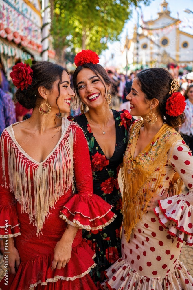Obraz premium Three Beautiful Women in Traditional Flamenco Dresses at Spanish Festival