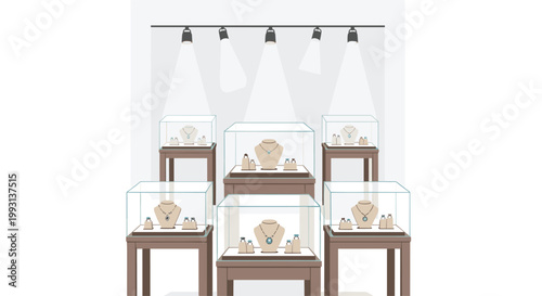 A luxury jewelry store display features multiple glass cases on wooden pedestals showcasing exquisite turquoise necklaces and rings under bright spotlights.